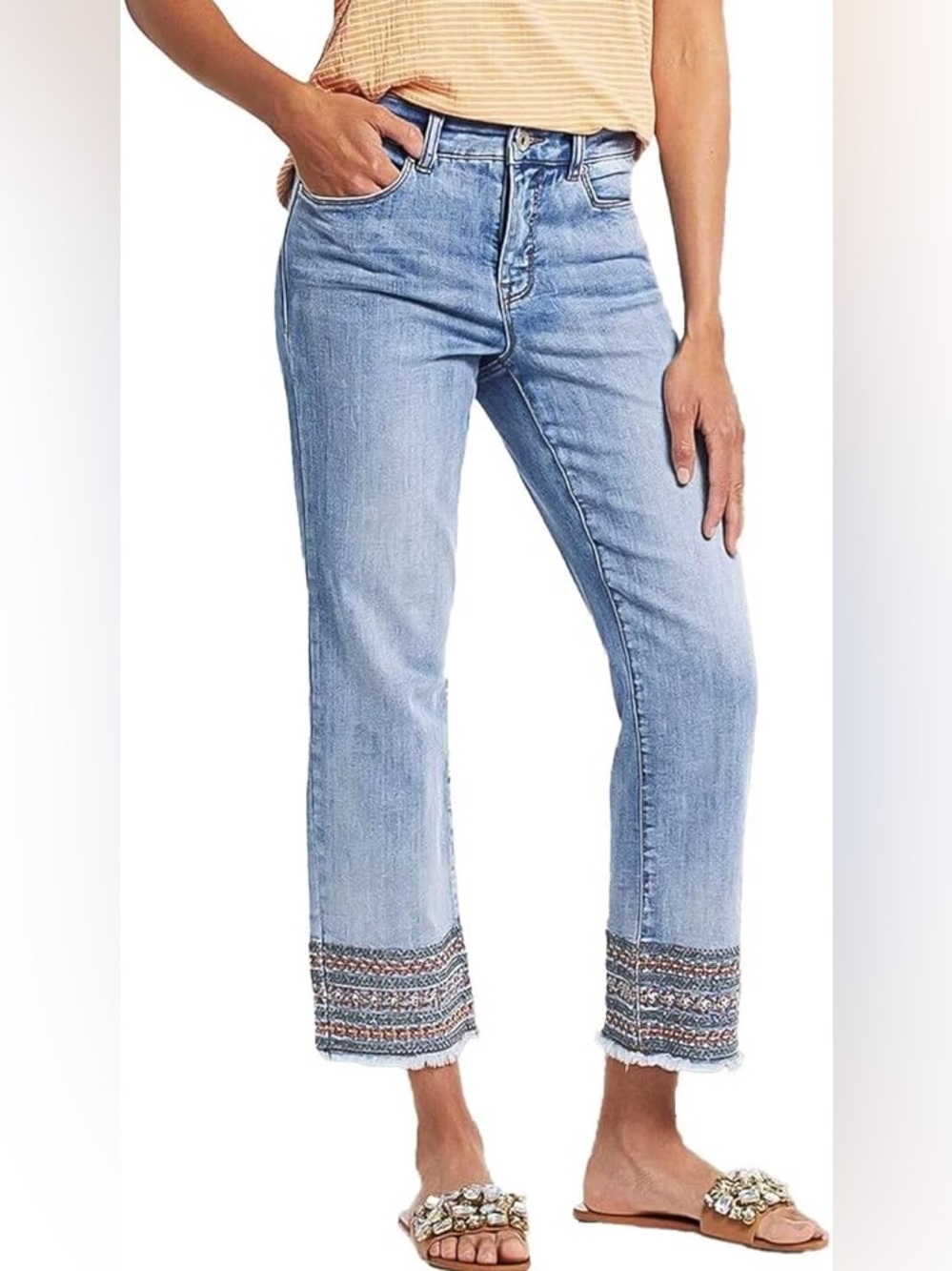 Flamingals Cropped Embroidered Jeans | XL (12/14)| Raw Hem Boho Denim - Picture 8 of 8